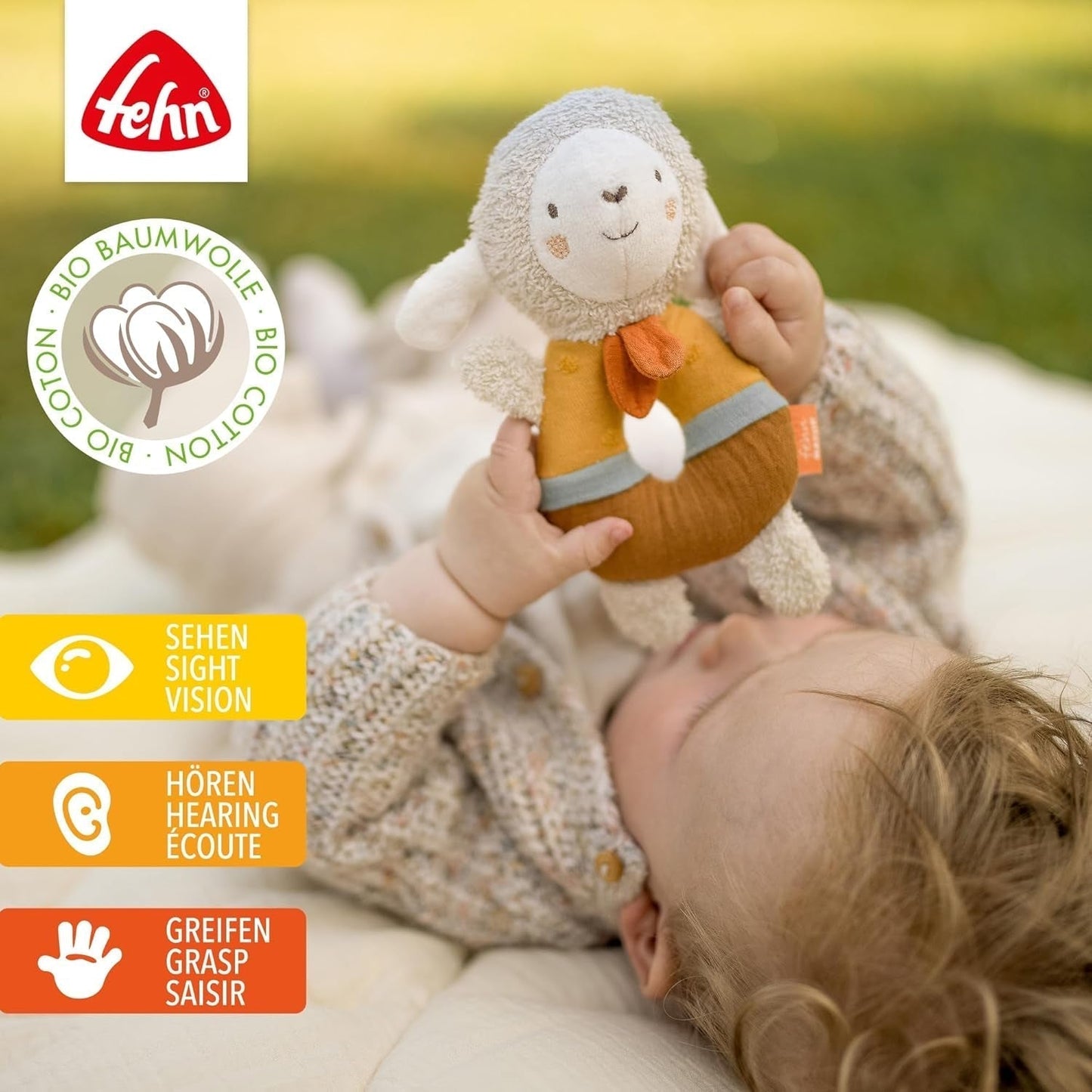 Fehn baby ring ring zabawka owieczka fehnNATUR - pluszowa zabawka z bawełną organiczną - zabawka dla dziecka z dzwonkiem i zabawną zabawką edukacyjną - zabawka na uchwyt dla niemowląt i małych dzieci od 0. miesiąca Baby Toys Naty Shop