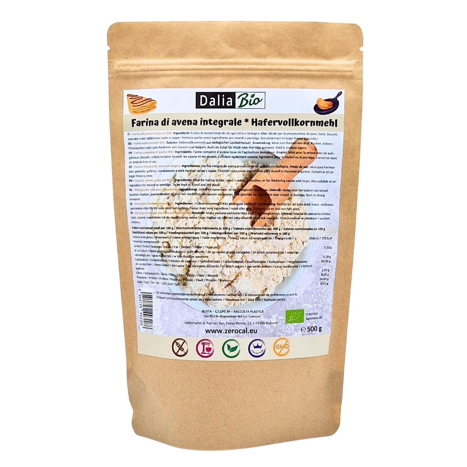 Dalia - Ekologiczna mąka owsiana pełnoziarnista 500g | Bezglutenowe | Bogaty w błonnik i białko Pochodzenie: Włochy | Na chleb, ciasta, owsianki i przepisy fitness | Jakość premium