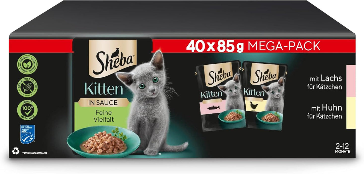 Sheba mokra karma dla kociąt, w różnych saszetkach, z łososiem (MSC) i kurczakiem w sosie, opakowanie zbiorcze 40x85g