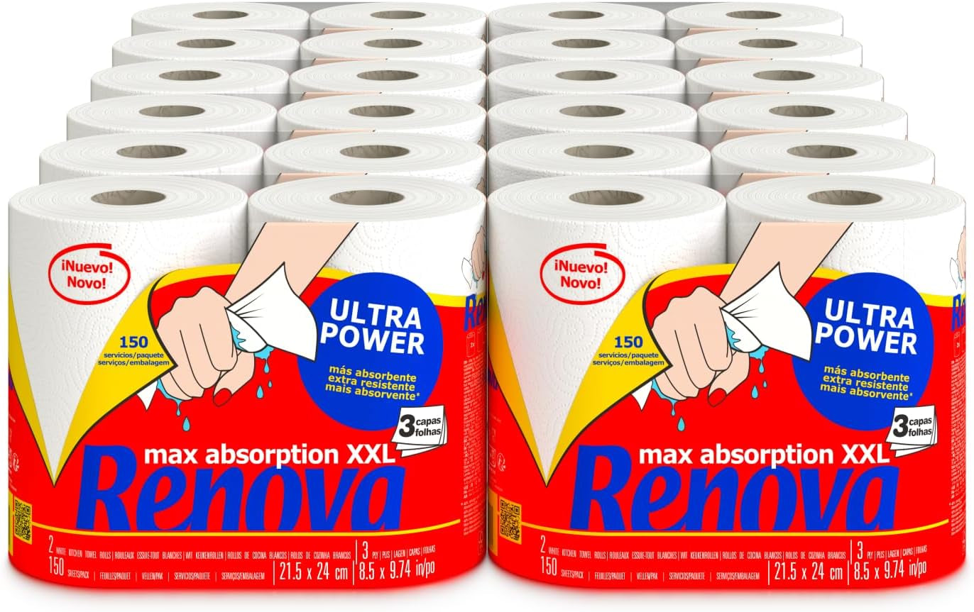 Roladki kuchenne Renova Renova Ultrapower | 24 rolki XXL = 60 rolek standardowych | 3 warstwy ultrachłonne i o maksymalnym oporze | Papier z certyfikatem Fsc