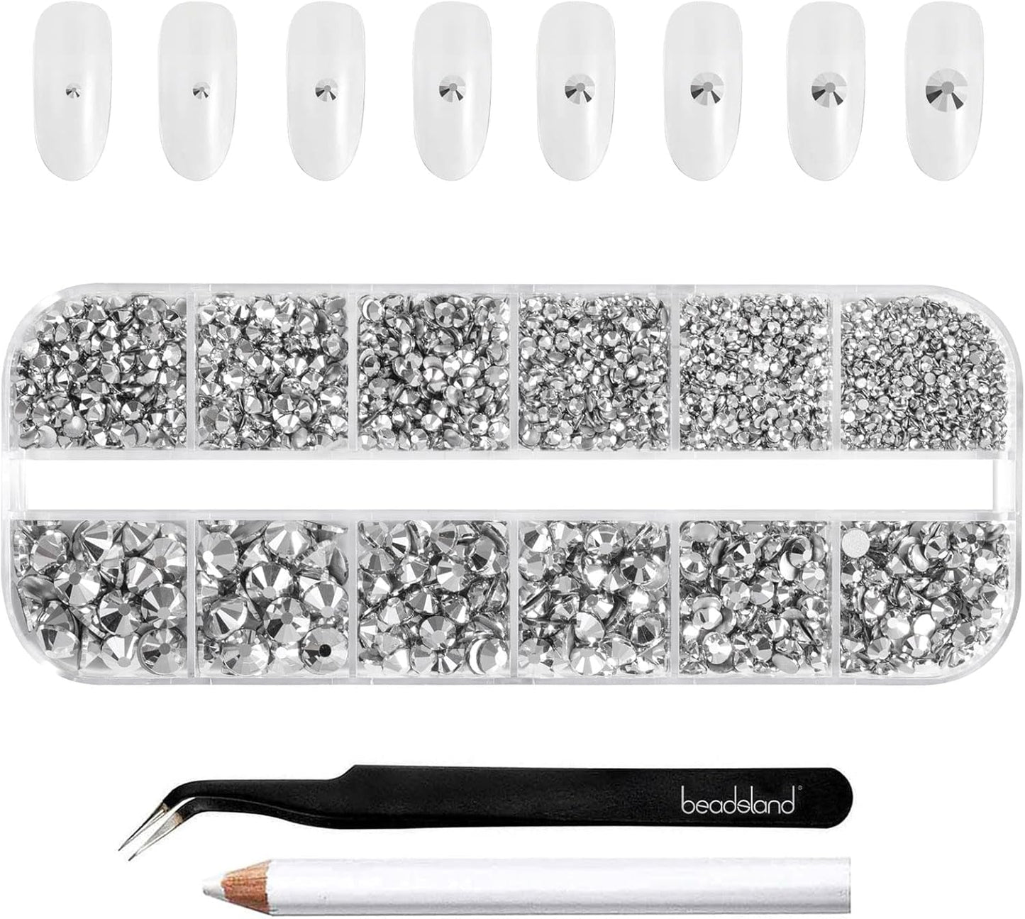 Beadsland 2500 szt. Glas Nailart Strasssteine ​​​​Kristall Flatback Edelsteine ​​​​Runde, ​​Für Handwerk Gemischt 8 Größen SS4 ~ SS30 Mit Picking Pinzette Und Stift (Kristall Weiss)