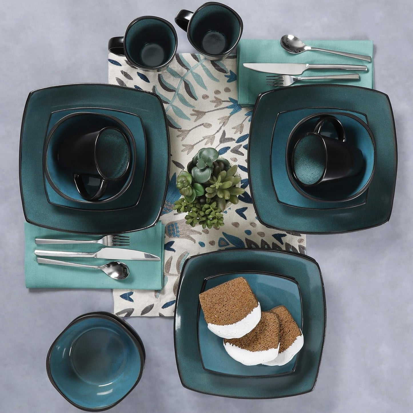 Gibson 99813.16R Elite Soho Lounge Reactive Glaze 4-osobowy zestaw naczyń obiadowych, 16-częściowy, niebiesko-zielony/czarny efekt dwukolorowy