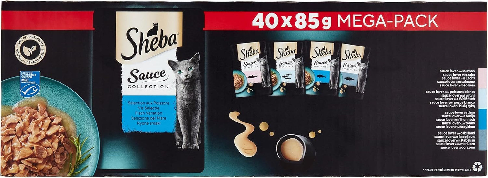 Saszetki świeżości Sheba Sauce Collection, karma mokra, wybór ryb dla dorosłych kotów, 4 odmiany, 40 x 85 g