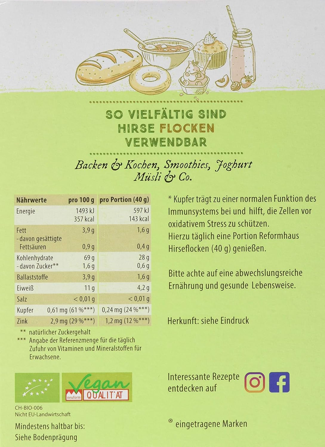 Hirse-Flocken Bio, opakowanie 6Er (6 X 400 G) Płatki zbożowe Naty Shop