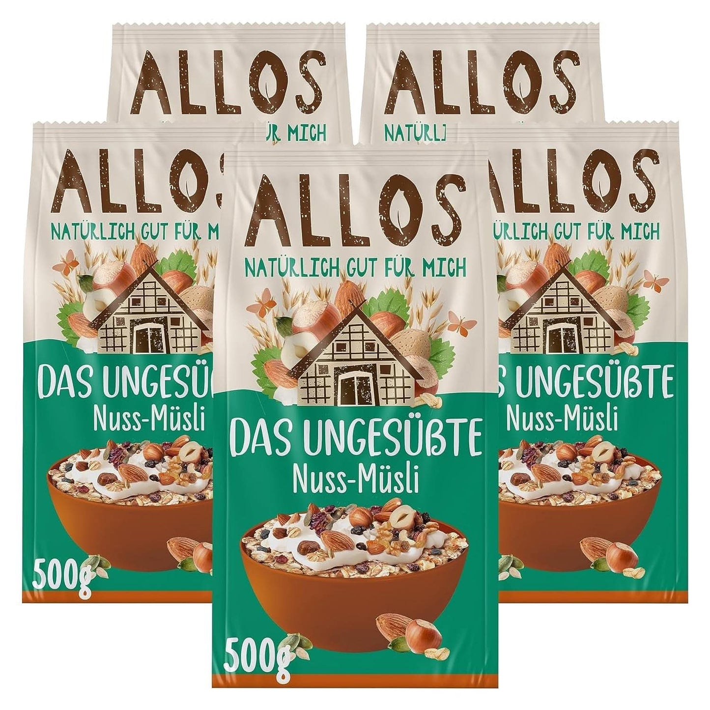 Allos, niesłodzone musli jagodowe, opakowanie 5 x 500 gramów Płatki Naty Shop Orzechy Laskowe