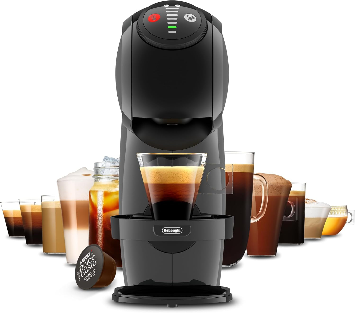 NESCAFÉ DOLCE GUSTO DeLonghi Dolce Gusto Genio S EDG226.A, Ekspres na kapsułki z 3 kapsułkami, kompaktowa konstrukcja, regulowana tacka ociekowa, 0,8 l, wyjmowany zbiornik na wodę, 1470 W, antracyt