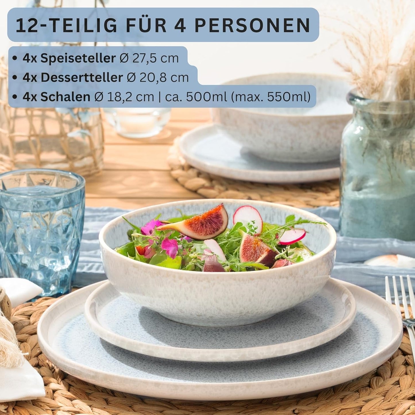SANGER | 12-częściowy zestaw naczyń obiadowych Santorini Zestaw talerzy na 4 osoby BARDZO DOBRA Ocena Zestaw naczyń obiadowych z kamionki, w tym talerze obiadowe, talerze deserowe i talerze suma Kremowo-liliowy gradient | KOLEKCJA PREMIUM