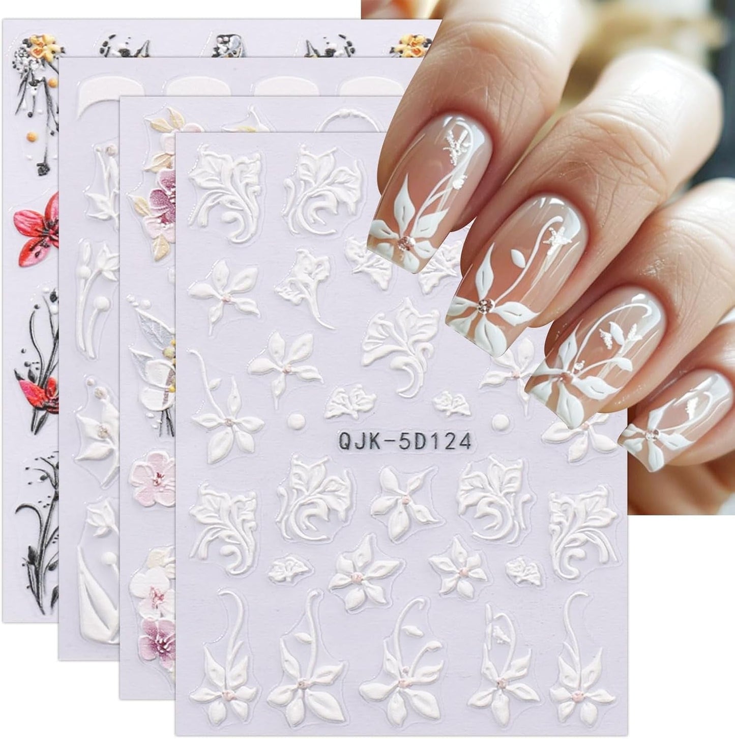 JMEOWIO 3D Nagelsticker Blumen Nail Art Naklejka Selbstklebend Nagelaufkleber 5D Stereoskopisch Frühling Sommer Dekoration Nageldesign Zubehör 4 Blatt