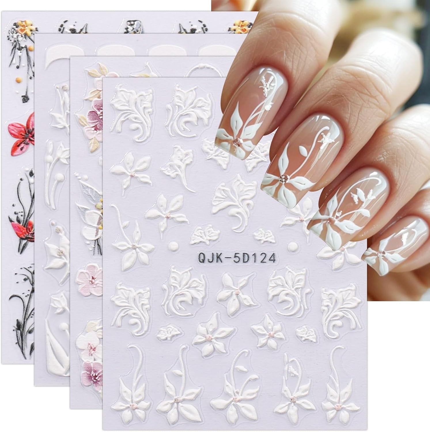 JMEOWIO 3D Nagelsticker Blumen Nail Art Naklejka Selbstklebend Nagelaufkleber 5D Stereoskopisch Frühling Sommer Dekoration Nageldesign Zubehör 4 Blatt