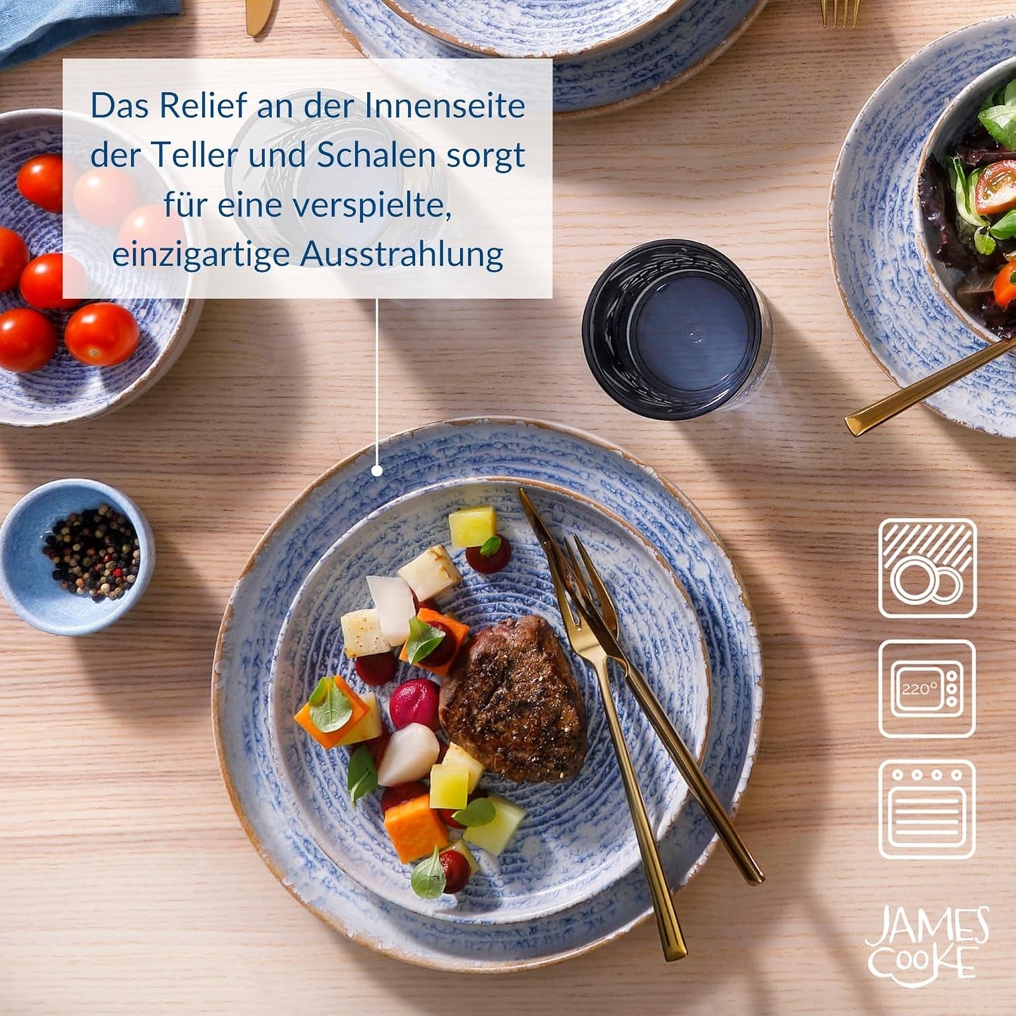 Zestaw naczyń obiadowych z kamionki w stylu vintage Azure na 6 - 24 sztuki - białe i niebieskie paski, wytłoczona powierzchnia - można myć w zmywarce, piekarniku i kuchence mikrofalowej