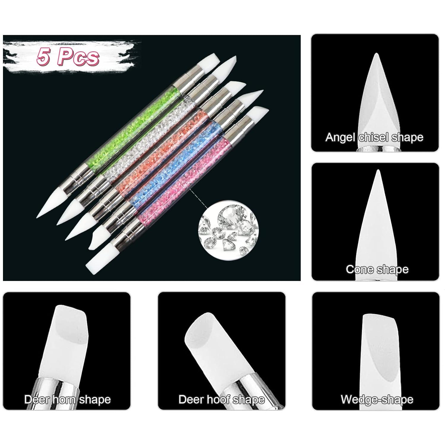 Qufiiry 5 sztuk Silikon Nagel Pinsel, Gel Schnitzen Pinsel, Silikon-Modellierpinsel Set, Doppel Köpfe DIY Maniküre Werkzeug