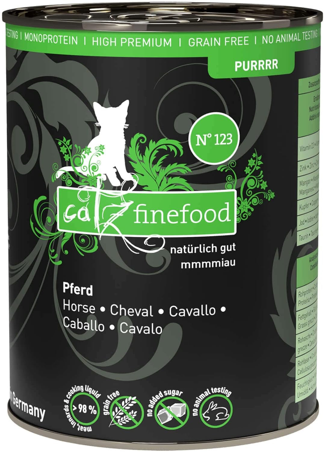 Mokra karma dla kotów Catz Finefood Purrrr Horse Monoprotein no. 123, dla kotów z wrażliwym układem trawiennym, zawartość mięsa 70%, 6 pudełek x 400 g