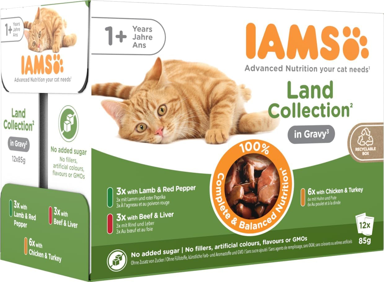 IAMS Delights Land Collection Mokra karma dla kotów - Opakowanie zbiorcze z różnymi rodzajami mięsa (jagnięcina, wołowina, kurczak i indyk) w sosie, mokra karma dla kotów od 1 roku, 12 x 85g