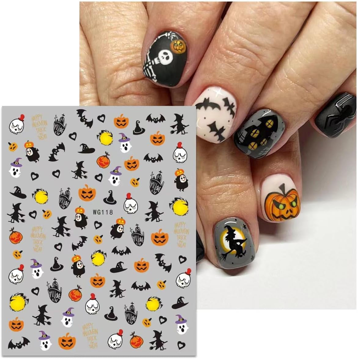 JMEOWIO Nagelsticker Halloween 8 Blatt Nail Art Naklejka Selbstklebend Nagelaufkleber Totenkopf Horror Geist Hexe Spinnennetz Fledermaus Kürbis Spukdekoration Nageldesign Zubehör