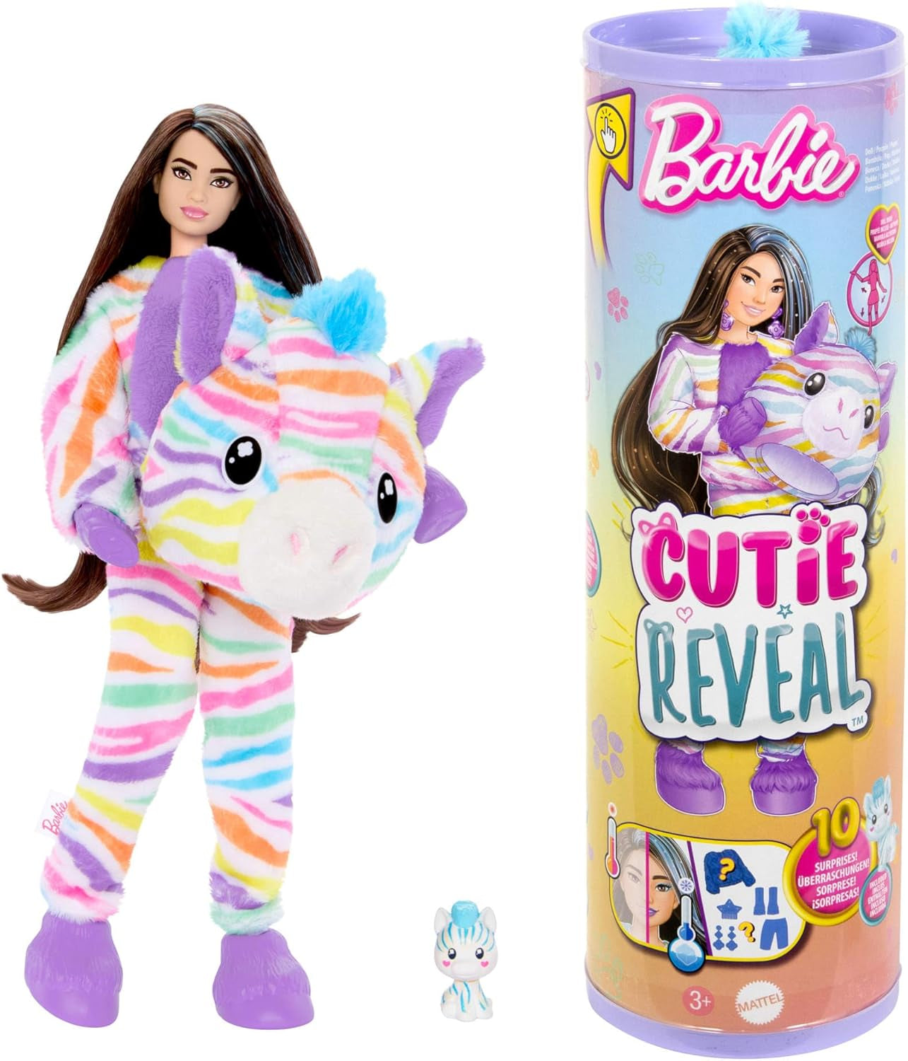 Lalka Barbie Cutie Reveal i akcesoria, strój pluszowego króliczka Batik i 10 niespodzianek zmieniających kolor, seria Color Dream, HRK38 Naty Shop Tęczowe lalki zebry