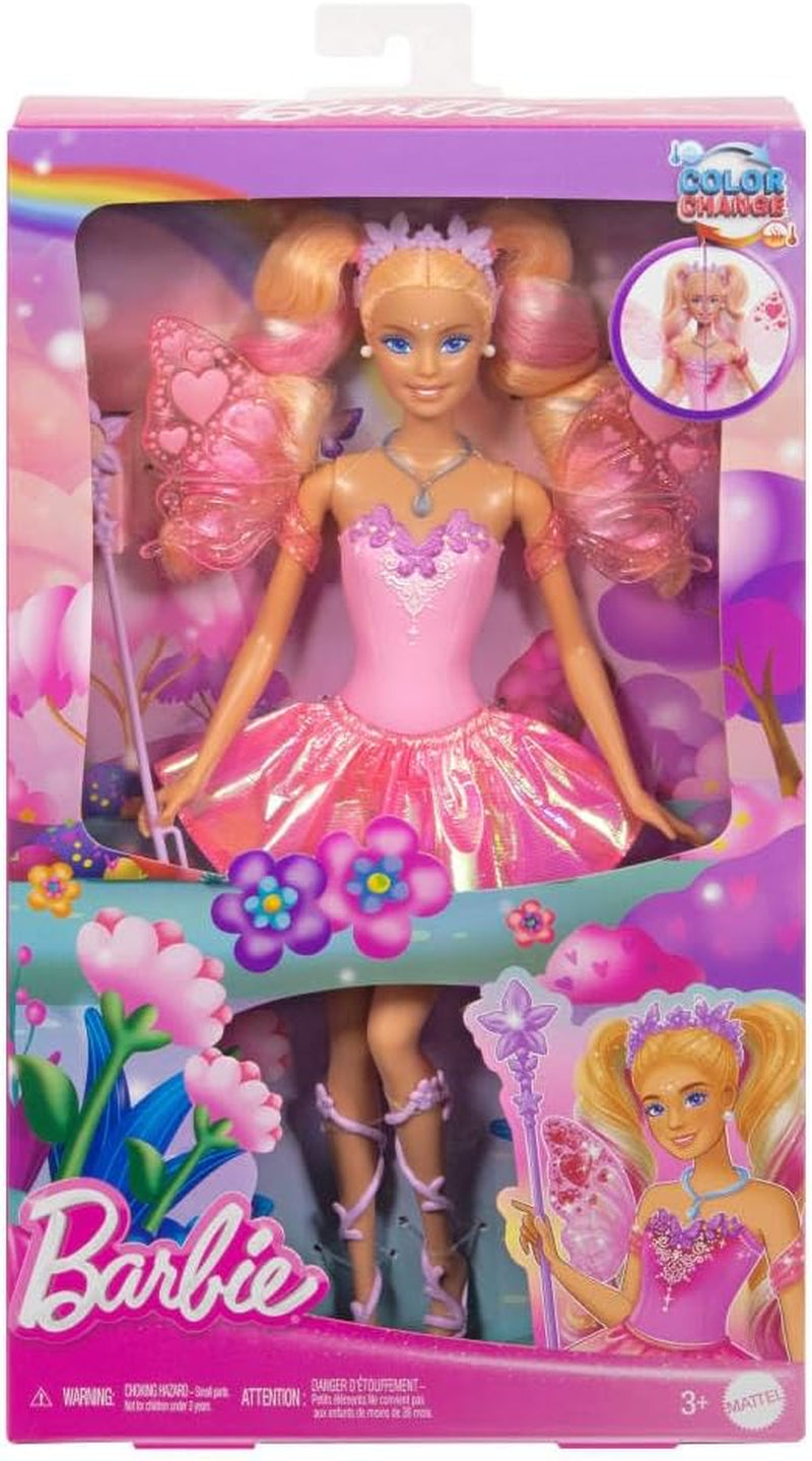 Lalka Barbie Mattel z magiczną różdżką i modnymi dodatkami, motyw fantasy ze skrzydłami i strojem zmieniającym kolor, JCP76, [wielokolorowy]