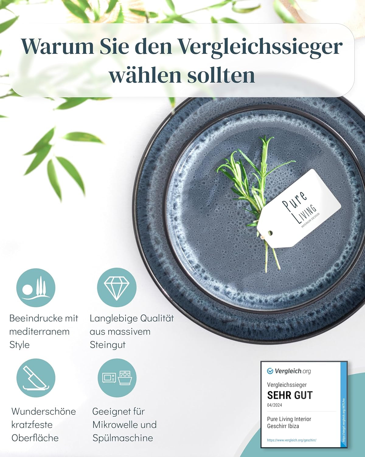 18-częściowy zestaw obiadowy z kamionki ceramicznej dla 6 osób, projekt Ibiza, ZWYCIĘZCA TESTU. Wspaniały śródziemnomorski zestaw zastawy stołowej z kamionki ceramicznej, zawierający miski i talerze. Zestaw zastawy stołowej Pure Living w kolorze dymnego błękitu.