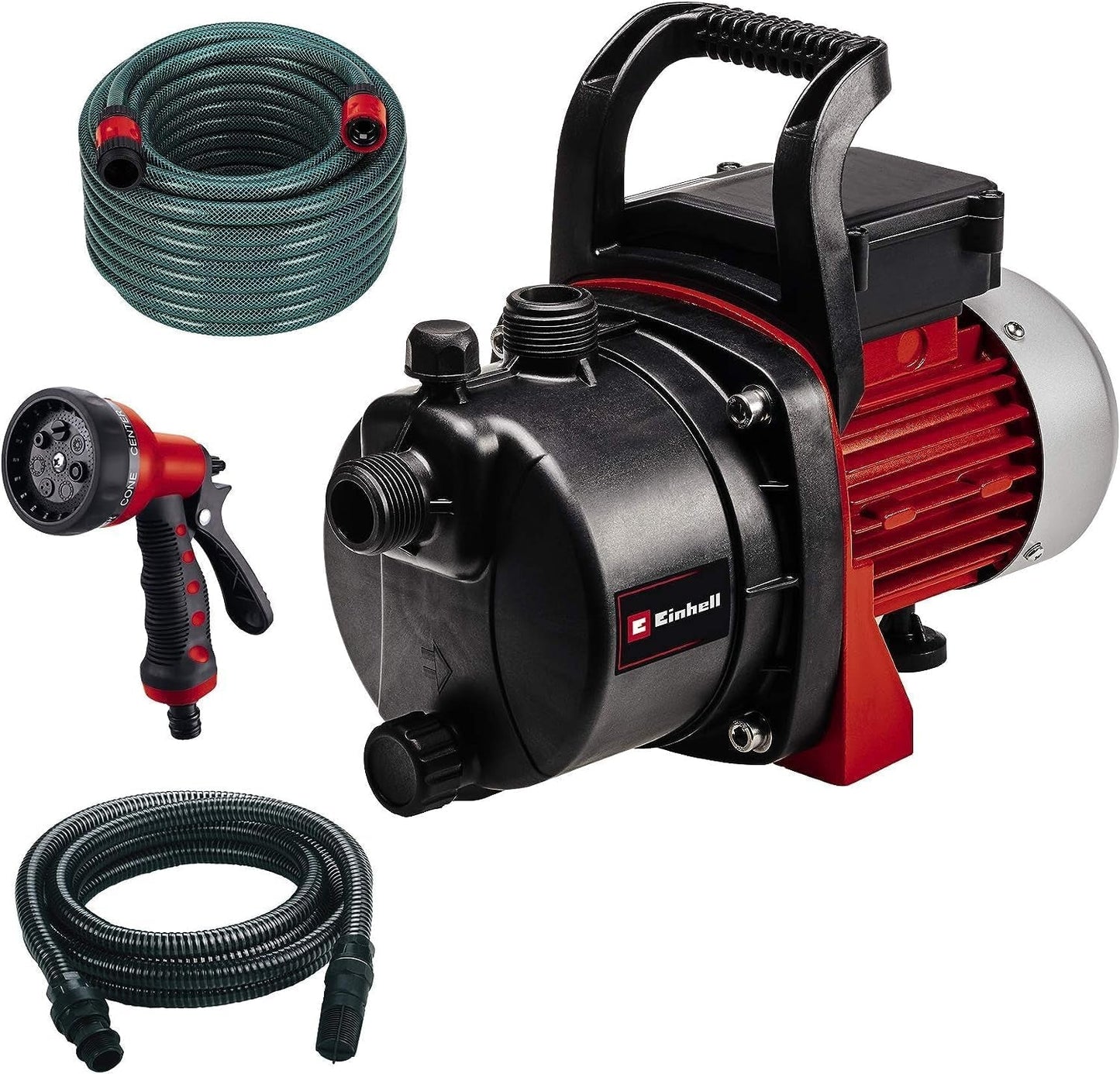 Zestaw pompy ogrodowej Einhell GC-GP 6538 Set/I (650 W, maks. 3,6 bar, przepływ 3800 L/h, śruba do napełniania/spuszczania wody, w zestawie wąż ssący 4 m + wąż ogrodowy 20 m + pistolet natryskowy)