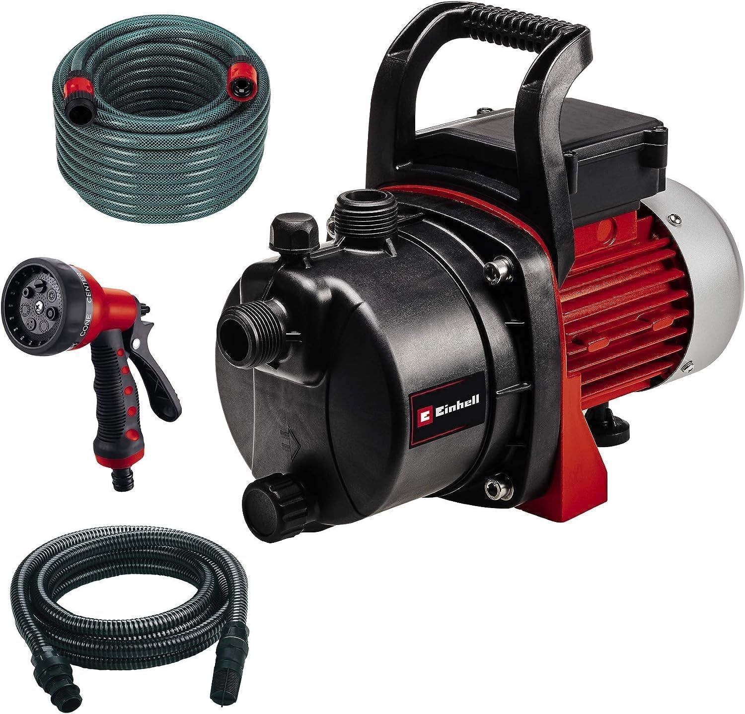 Zestaw pompy ogrodowej Einhell GC-GP 6538 Set/I (650 W, maks. 3,6 bar, przepływ 3800 L/h, śruba do napełniania/spuszczania wody, w zestawie wąż ssący 4 m + wąż ogrodowy 20 m + pistolet natryskowy)