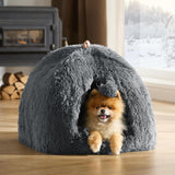 ŁÓŻECZKO Katzenbett große Katzen Katzenhöhle- 44x44x44 cm Plüsch Katzenhaus Indoor mit abnehmbarem Katzenkissen und hängendem Spielzeug, Katzen Bettchen waschbar, dunkelgrau