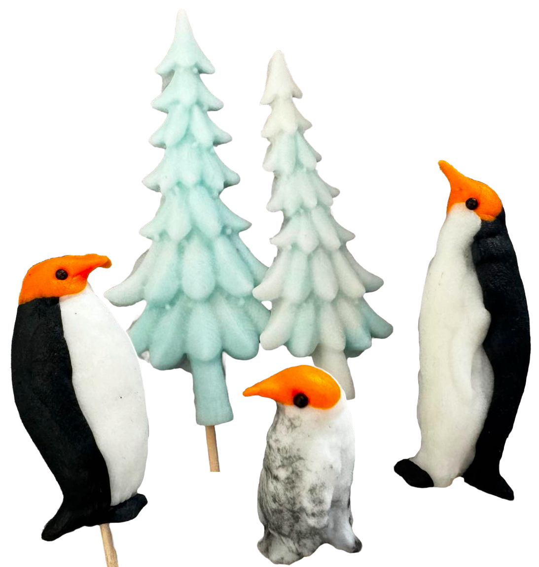 Zestaw 5 jadalnych ozdób z pasty cukrowej, Boże Narodzenie, pingwiny i choinki. Ozdoby z pasty cukrowej Naty Shop