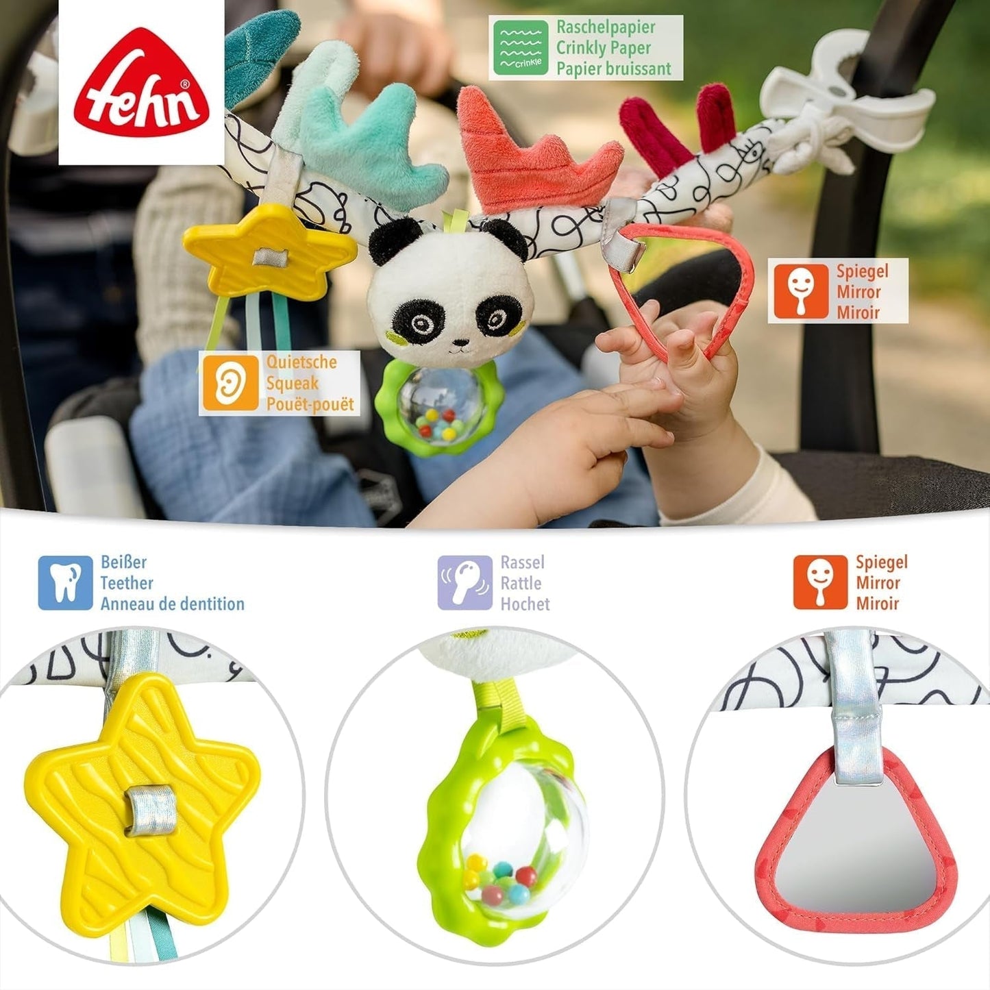 Łańcuszek do karuzeli Fehn Panda Baby Mobile - łańcuszek do karuzeli dziecięcej z uroczymi figurkami - elastyczna wisząca zabawka dla dziecka - zabawka do wózka dla niemowląt i małych dzieci od 0+ miesiąca Baby Toys Naty Shop