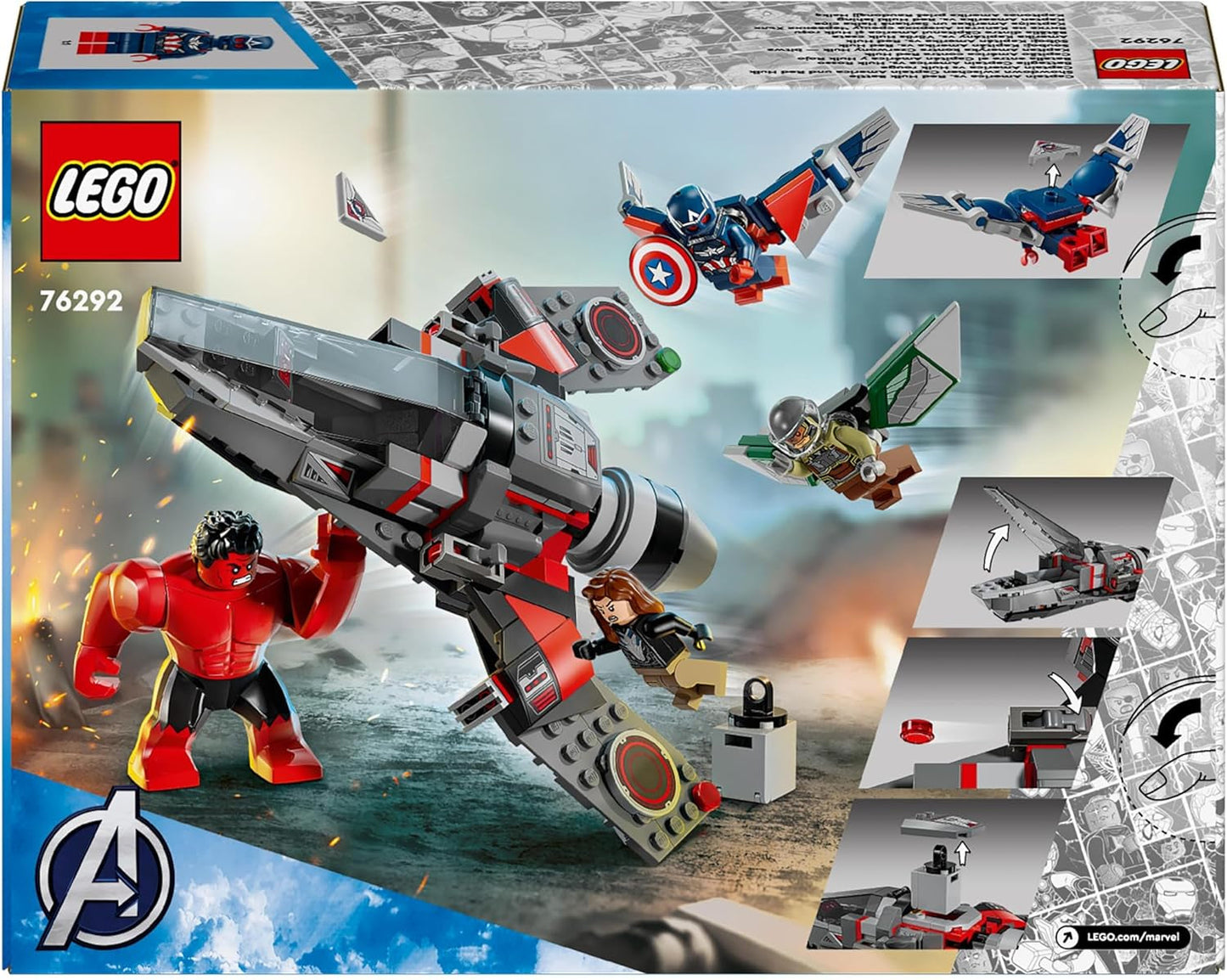 LEGO Marvel Starcie pomiędzy Kapitanem Ameryką a Czerwonym Hulkiem Prezent dla dzieci Zestaw odrzutowy do zbudowania Zabawka superbohatera dla chłopców i dziewcząt 8-letnia przygoda do budowania 76292 Zestawy do budowania Besuche den LEGO-Store
