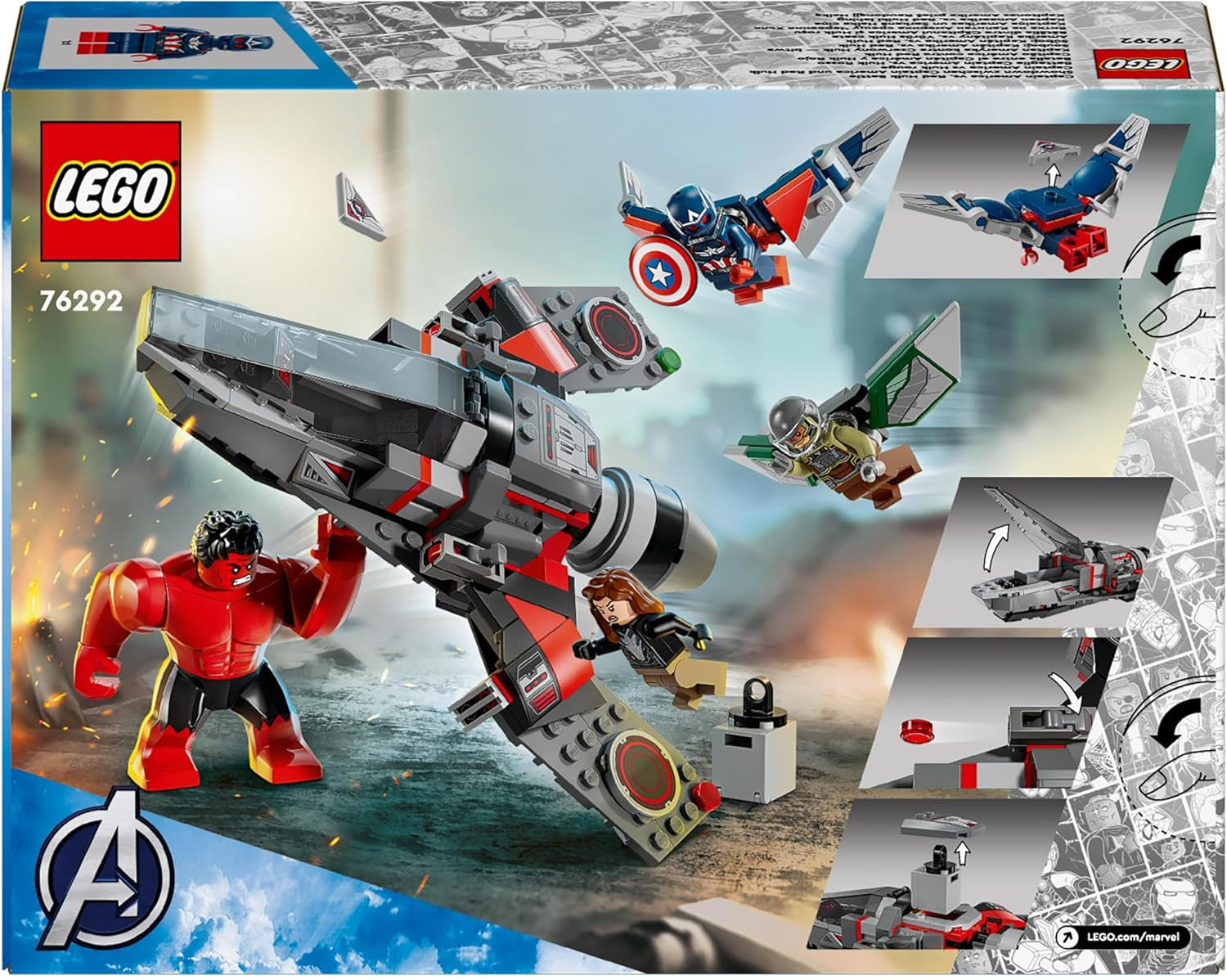 LEGO Marvel Starcie pomiędzy Kapitanem Ameryką a Czerwonym Hulkiem Prezent dla dzieci Zestaw odrzutowy do zbudowania Zabawka superbohatera dla chłopców i dziewcząt 8-letnia przygoda do budowania 76292 Zestawy do budowania Besuche den LEGO-Store