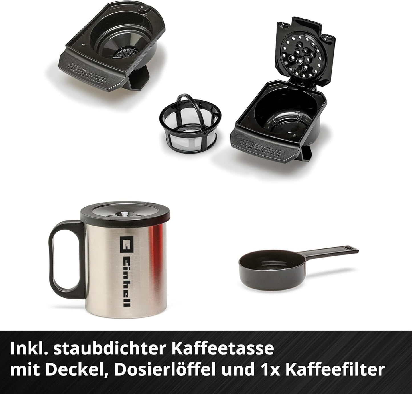 Bezprzewodowy ekspres do kawy Einhell TE-CF 18 Li-Solo Power X-Change (18 V, zbiornik na wodę 240 ml, na kawę filtrowaną i kapsułki z kawą, uchwyt do przenoszenia, w komplecie filiżanka z pokrywką, bez akumulatora)