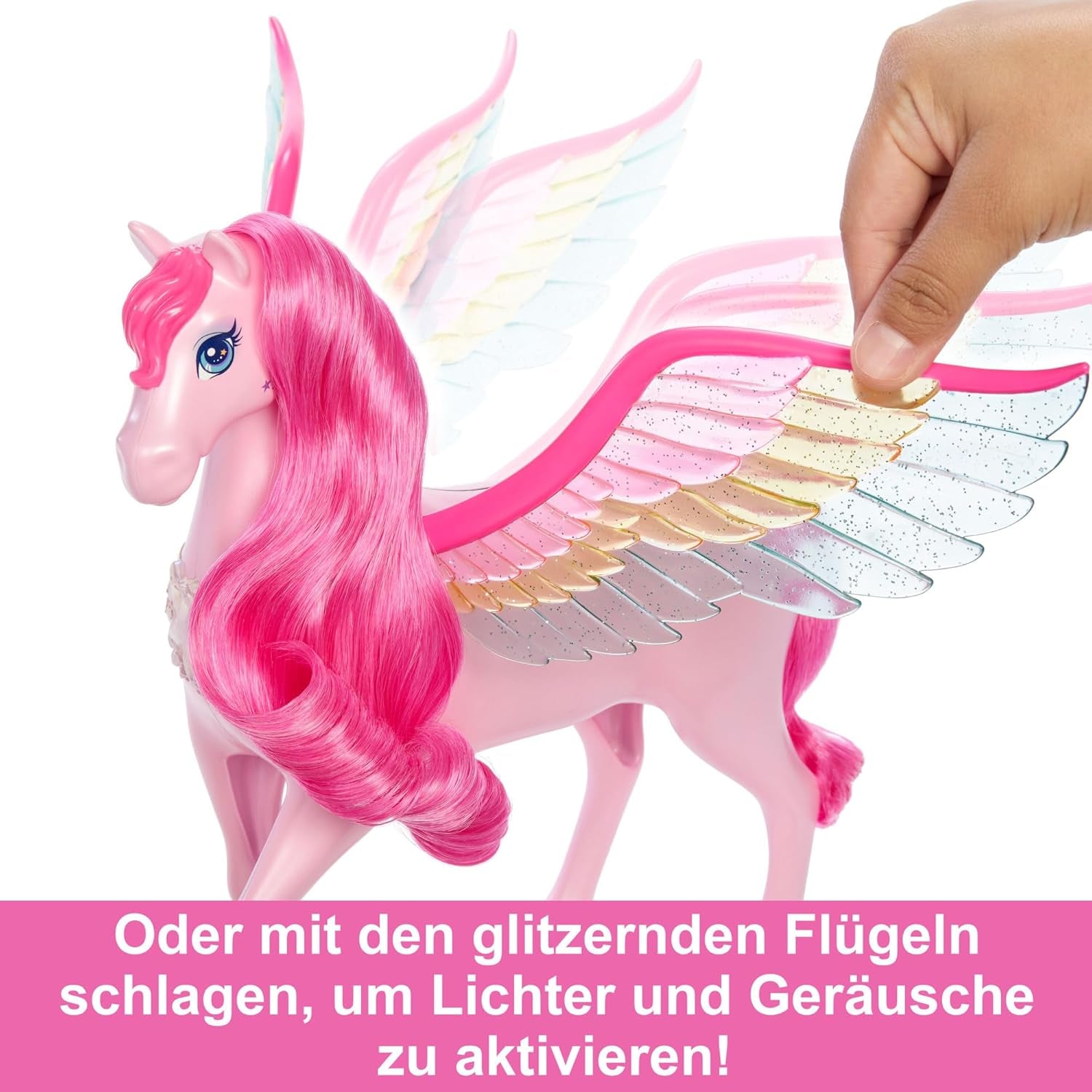 Barbie Ukryty Magiczny Pegaz - interaktywna zabawka ze światłami i dźwiękami, 10 akcesoriów, tęczowe skrzydełka, dla dzieci od 3 lat, HLC41 Naty Shop Dolls