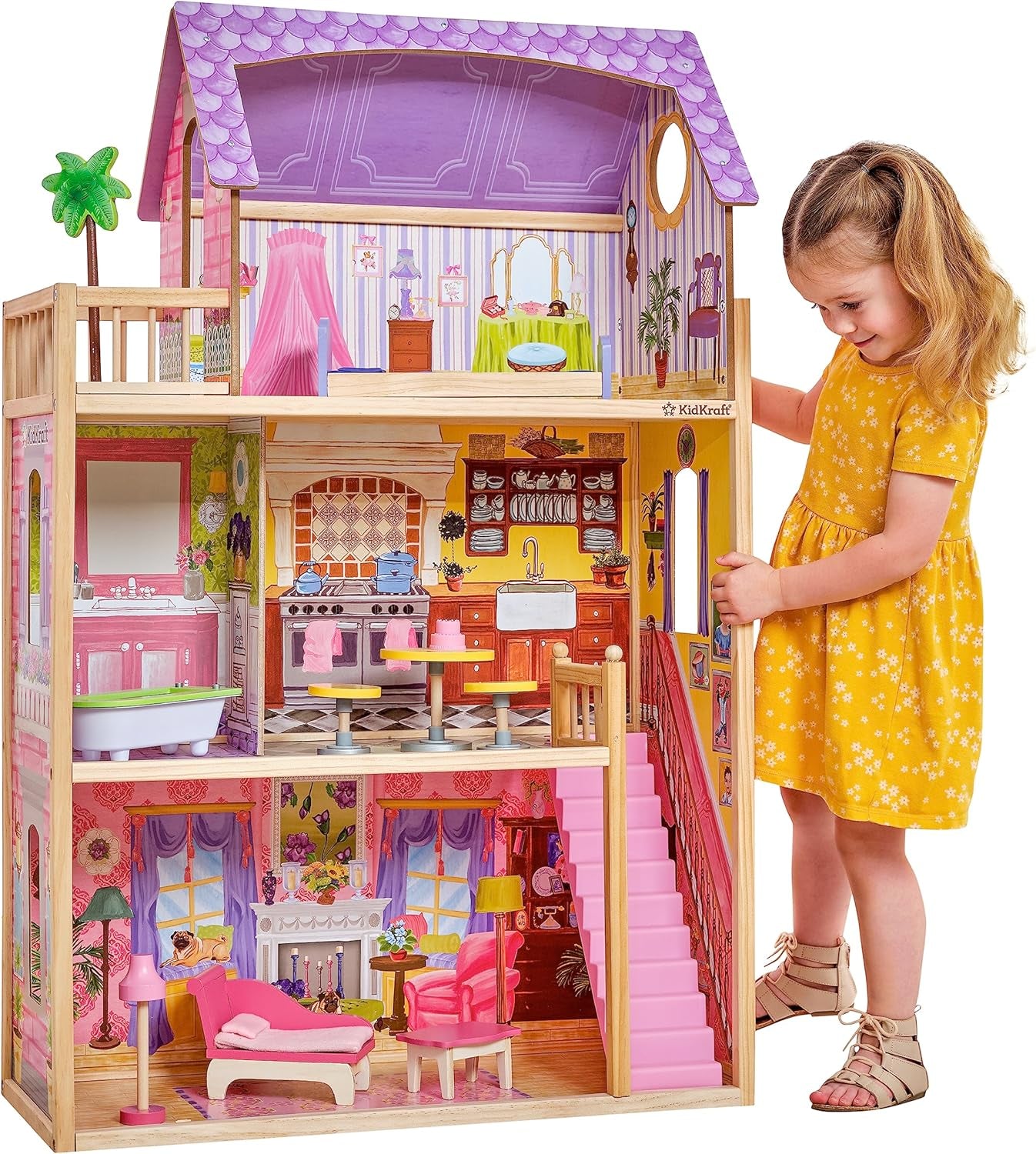 Drewniany domek dla lalek KidKraft Kayla z meblami i akcesoriami, 3-poziomowy zestaw dla lalki 30 cm, zabawka dla dzieci w wieku od 3 lat, 65092 — wyłącznie na Amazon
