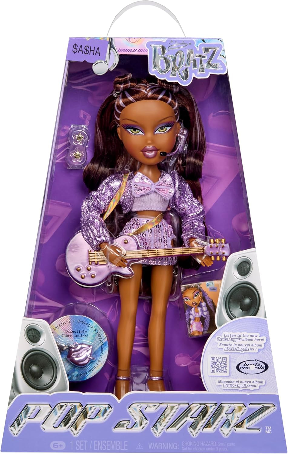 BRATZ Pop Starz Sasha – modna lalka z kolekcjonerskim breloczkiem do kluczy, strojem i akcesoriami muzycznymi