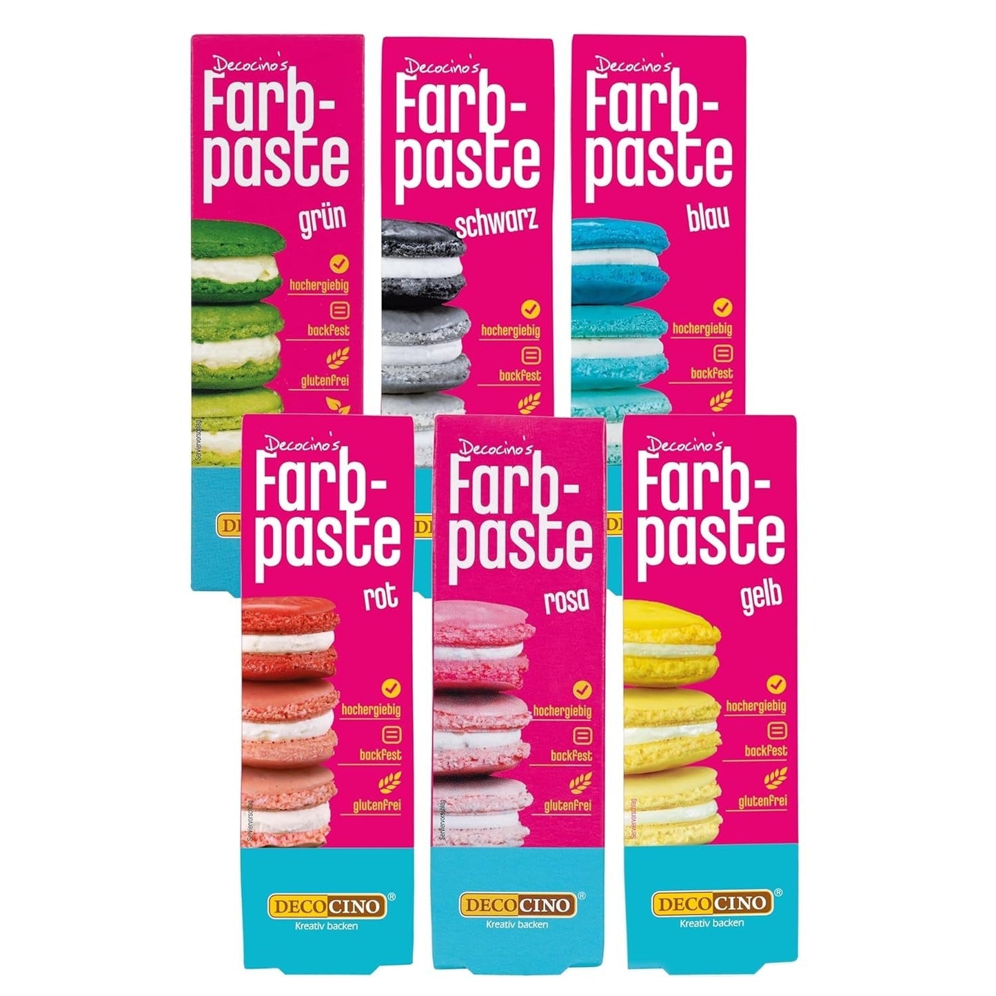 Zestaw 6 past kolorowych Decocino - 6 x 20 g - Barwniki spożywcze w kolorze czerwonym, różowym, zielonym, żółtym, niebieskim i czarnym, idealne do barwienia ciast, fondantów i kremów - Bez azo i bez glutenu