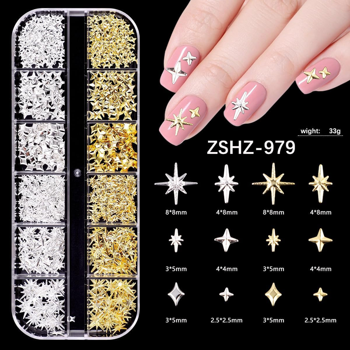 Charms do paznokci, 6 Boxen Gold Silber Nagel Charms 3D Gold Bogen Stern Nail Art Dekoration + 6200 Strasssteine ​​​​Bunt Steine ​​AB Perlen Diamanten, 3D Legierung Bow Nail Gems Nagel Deko Für Frauen Nagel (6-A)