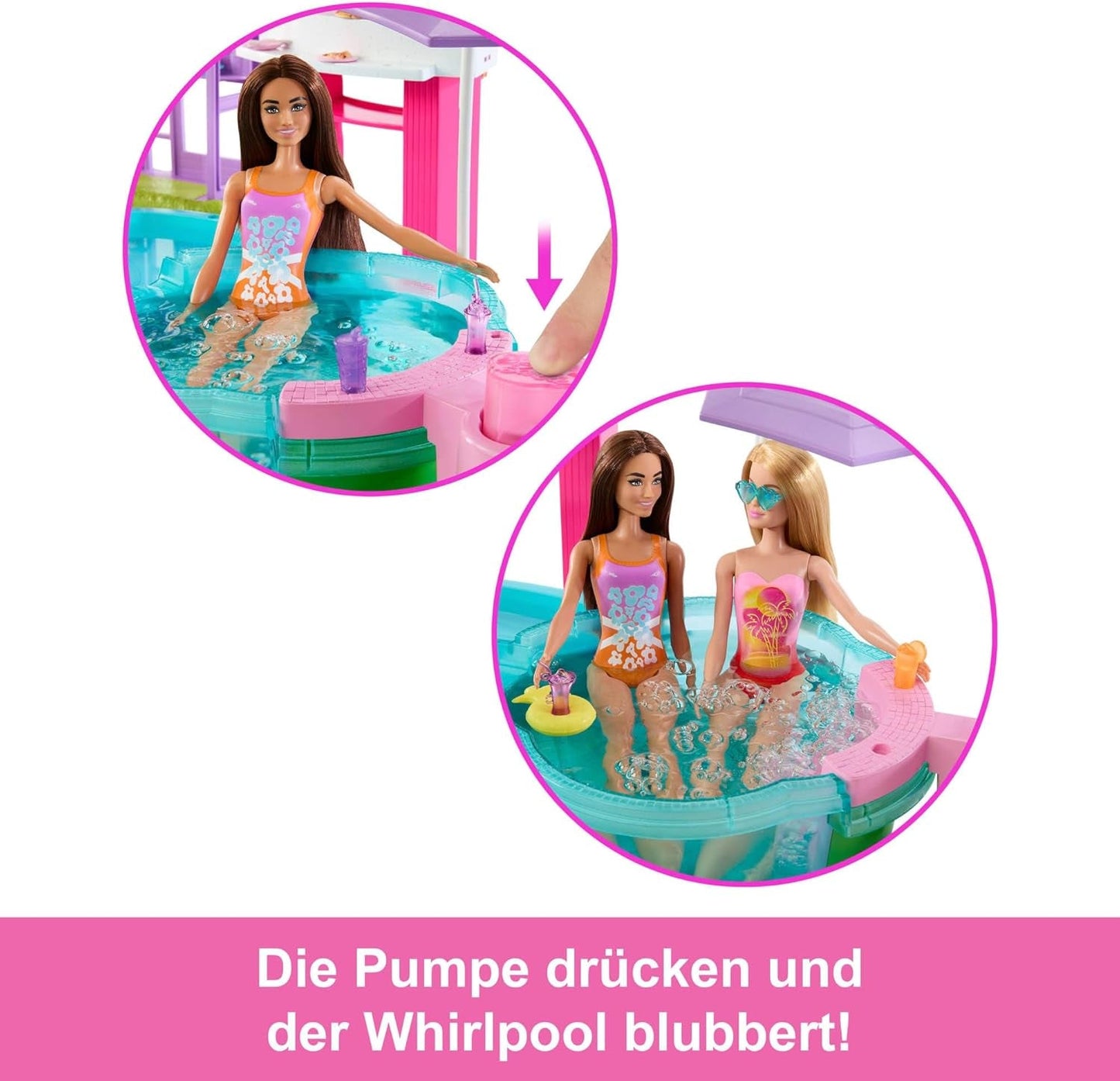 Zestaw Barbie Dream Pool z sześcioma obszarami do zabawy, w tym zjeżdżalnią i jacuzzi, a także ponad 20 akcesoriami, takimi jak zwierzak, kółka do pływania i inne, JKG83