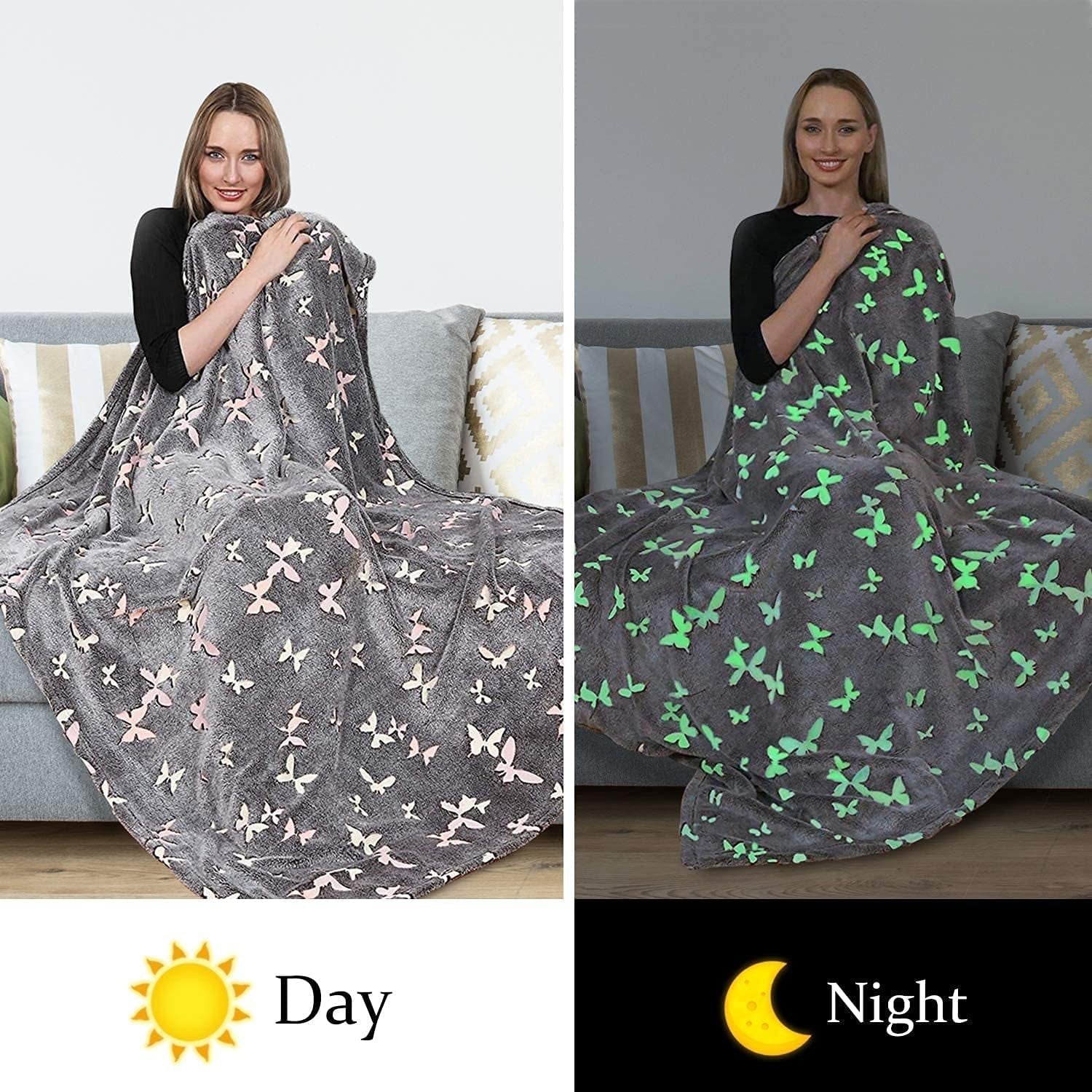Kanguru Glow Narzuta Świecąca w ciemności Koc Motyl Miękki koc 130X150 cm Świecąca narzuta na sofę. Świecący w ciemności koc dziecięcy, szare Łóżka i koce Besuche den Kanguru-Store