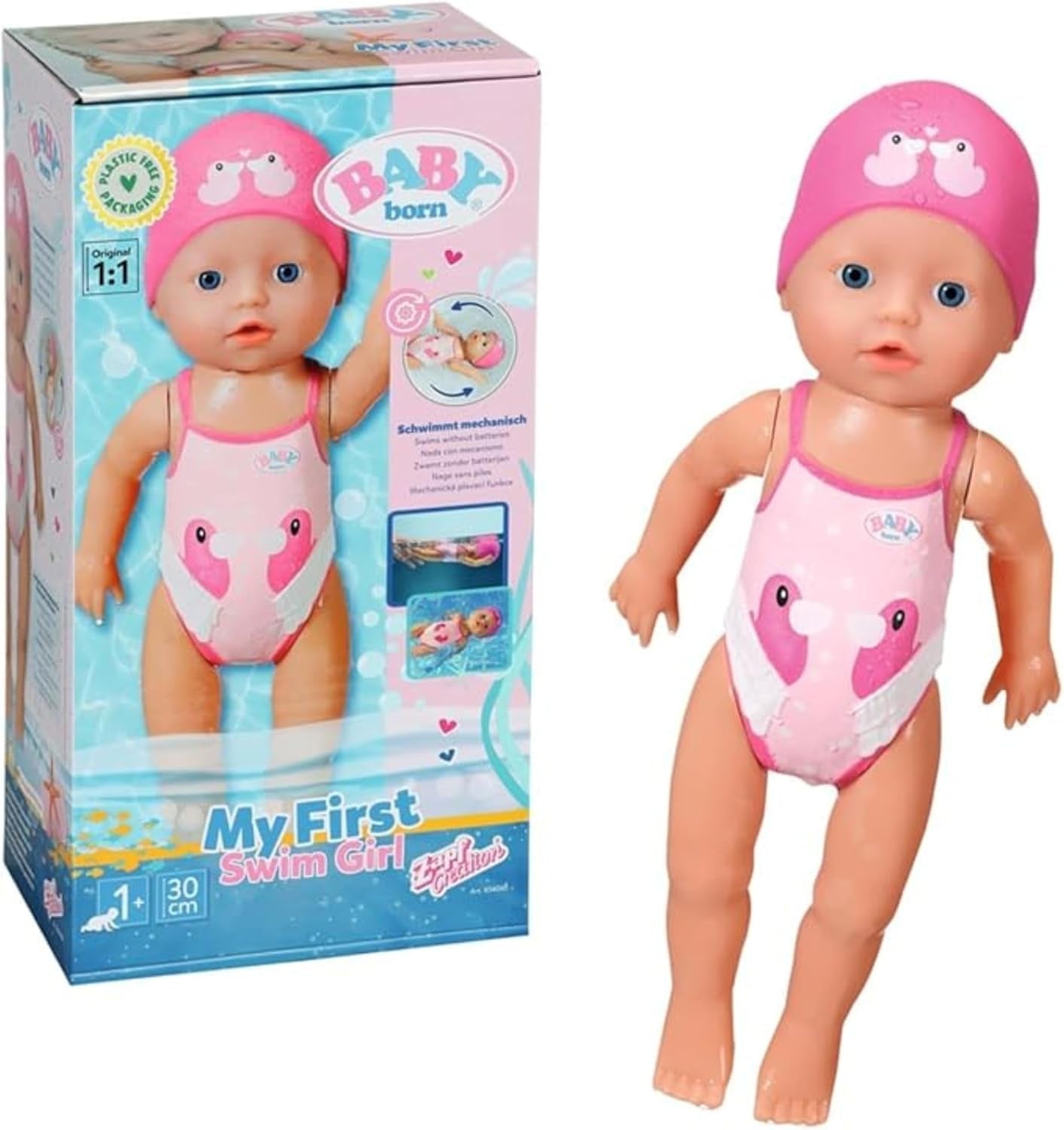 BABY Born Moja pierwsza pływaczka - Lalka 30 cm - Lalka do kąpieli z mechanizmem obrotowym, wodoodporna - Działa bez baterii - Odpowiednia dla dzieci od 1 roku życia