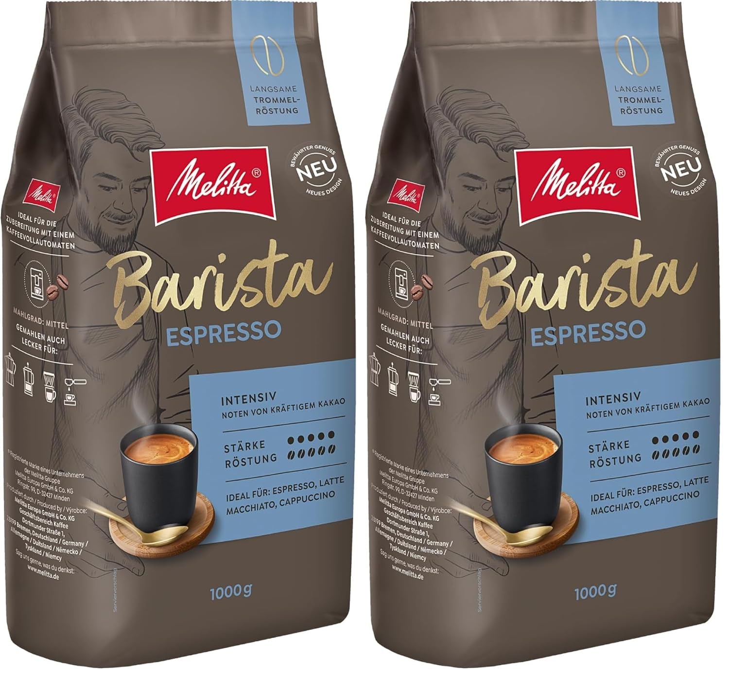 Melitta Barista Classic Espresso, Kawa ziarnista 1kg, Mielenie, Kawa ziarnista do automatycznych ekspresów do kawy, Mocne palenie, Intensywność 5 (2 sztuki w zestawie)