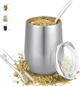 Kubek Modern Mate o pojemności 340 ml, zestaw izolowanych kubków do Yerba Mate o podwójnych ściankach ze stali nierdzewnej, kubek do herbaty Mate z pokrywką niezawierającą BPA, bombille i szczoteczka do czyszczenia (srebrna)