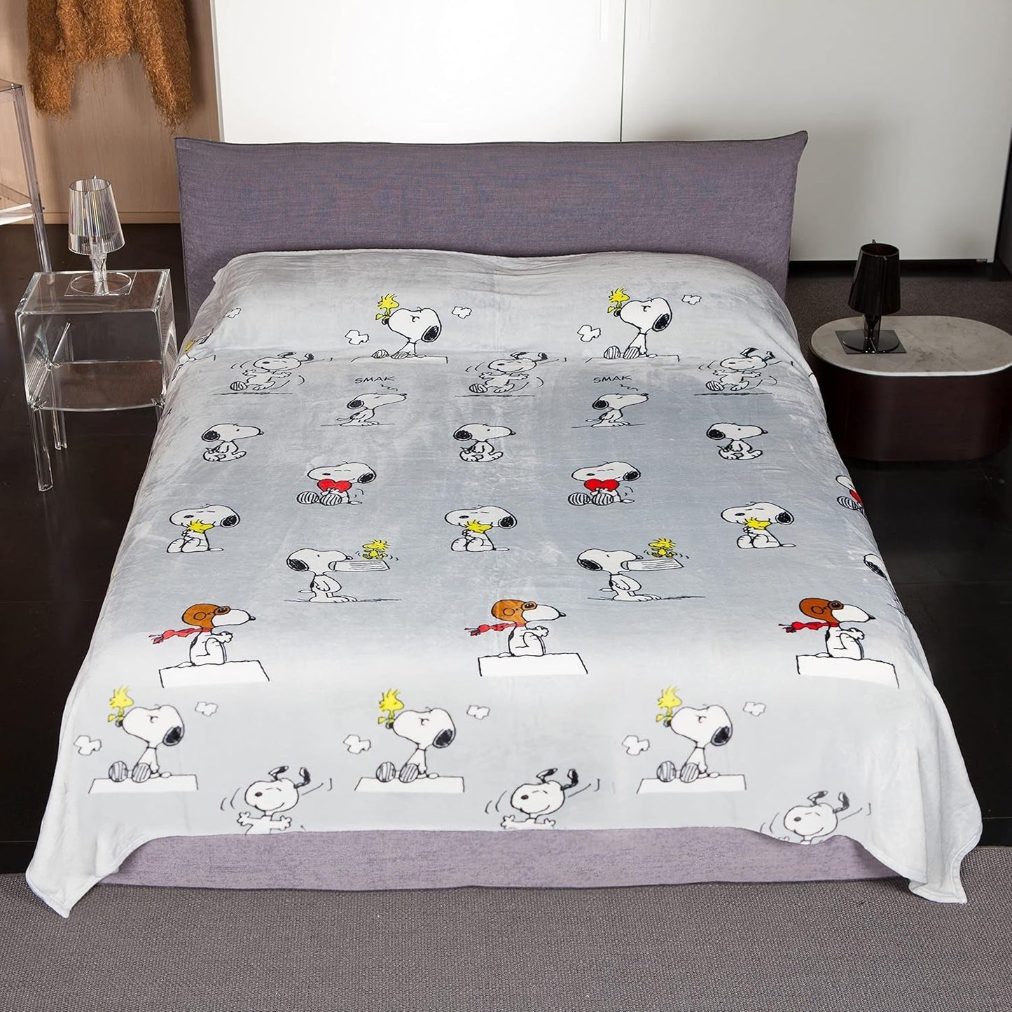 Łóżko Kanguru, narzuta, koc polarowy na podwójne łóżko, koc z mikrofibry, Snoopy Peanuts SZARY, 230X230Cm, koc letni, narzuta do sypialni Łóżka i koce Besuche den Kanguru-Store 230 X 230 podwójne łóżko Snoopy szary