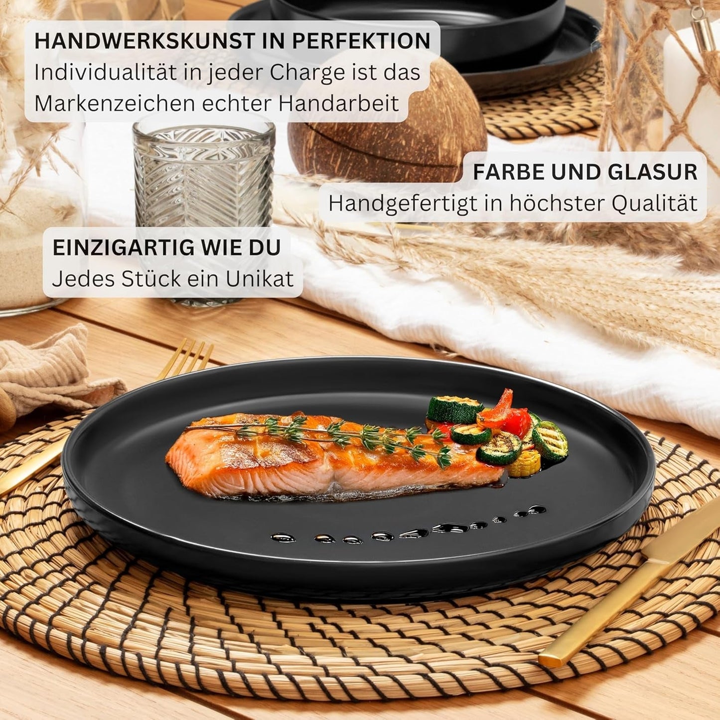SĘNGER Madera | 24-częściowy zestaw naczyń obiadowych, 6-osobowy zestaw naczyń kamionkowych, 6 talerzy obiadowych, 6 talerzy śniadaniowych, 6 talerzy obiadowych, 6 misek na makaron, zestaw naczyń obiadowych i misek, czarny matowy | KOLEKCJA WARTOŚCIOWA