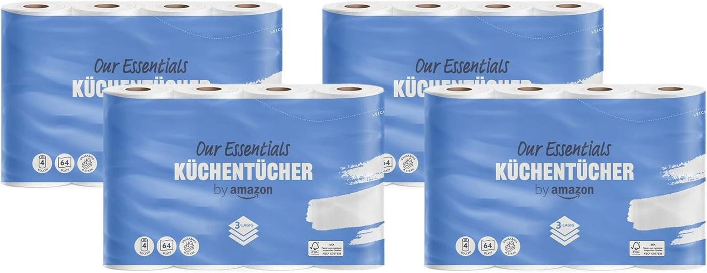 Przez Amazon Kitchen Roll, 3 warstwy, 16 rolek (4 rolki, opakowanie 4 sztuk), 64 arkusze w rolce, certyfikat Fsc