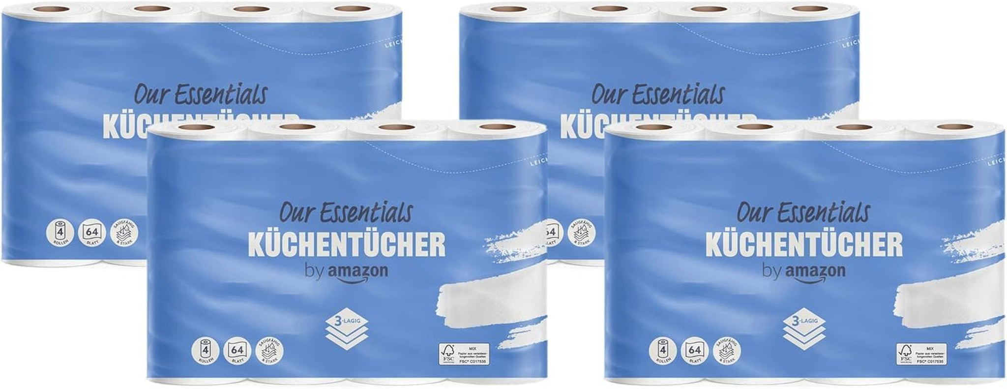Przez Amazon Kitchen Roll, 3 warstwy, 16 rolek (4 rolki, opakowanie 4 sztuk), 64 arkusze w rolce, certyfikat Fsc