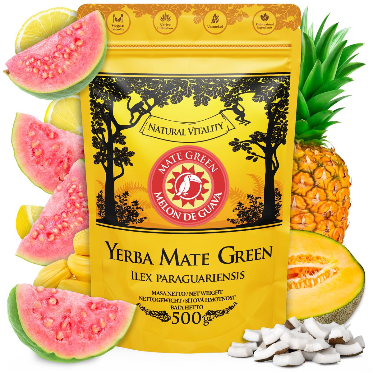 Yerba Melon De Guava 500G – Brazylijska herbata Yerba Mate z melonem, gujawą, jackfruitem, ananasem i kokosem – egzotyczna i owocowa – suszona na powietrzu, wegańska
