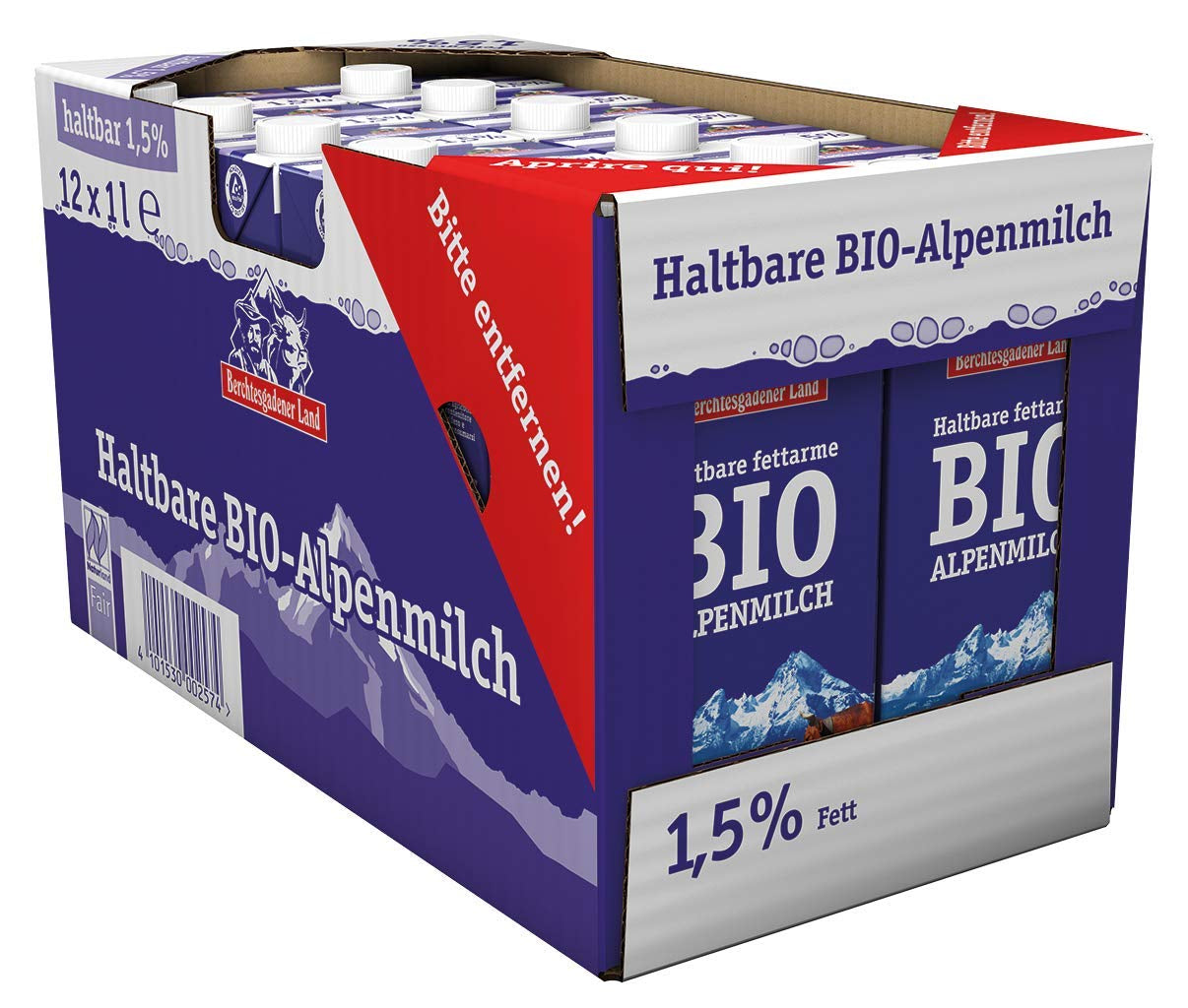Berchtesgadener Land Haltbare Bergbauern-Milch, 1,5% Fett, opakowanie 12er (12 x 1 l)