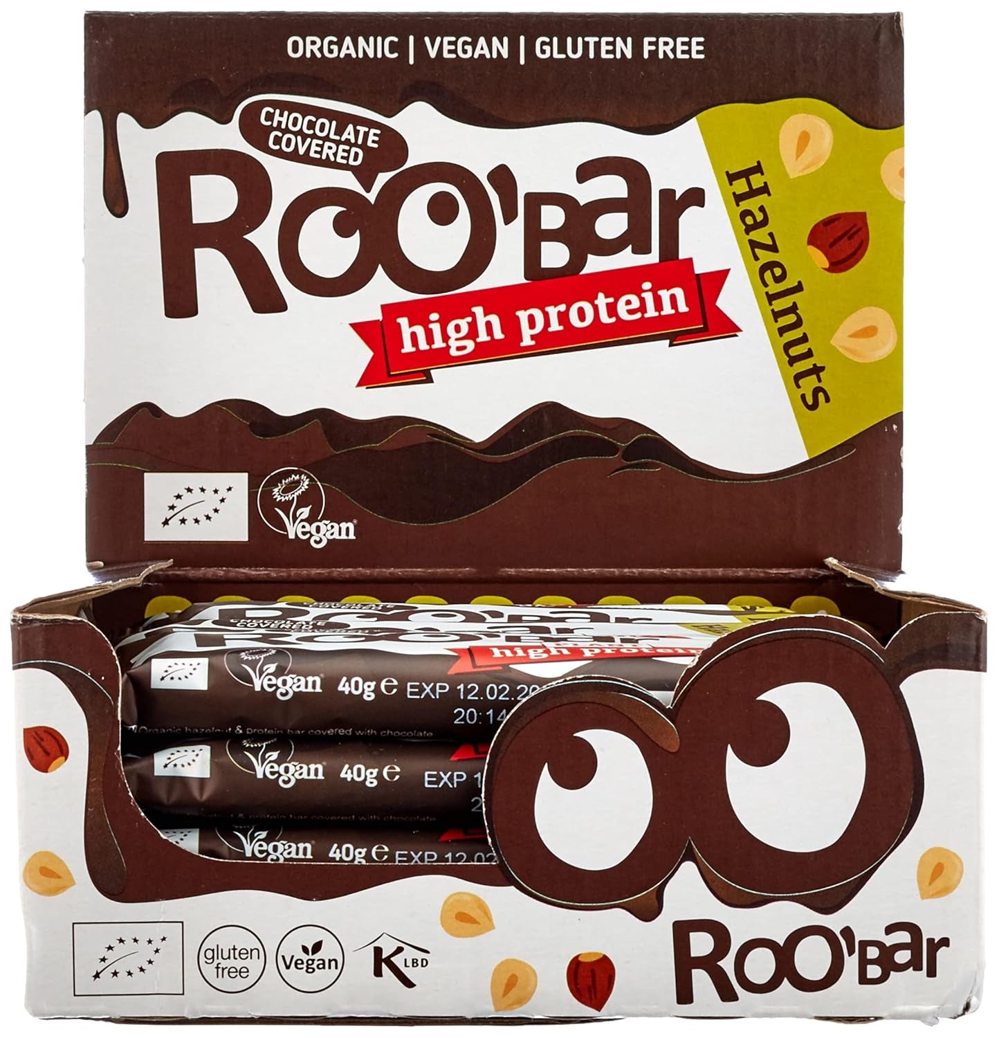 Wysokobiałkowe batoniki z orzechami laskowymi w polewie czekoladowej - 100% organiczne, wegańskie, batoniki owocowe, bez nabiału, bez glutenu, bez rafinowanego cukru - 16 batonów x 40g