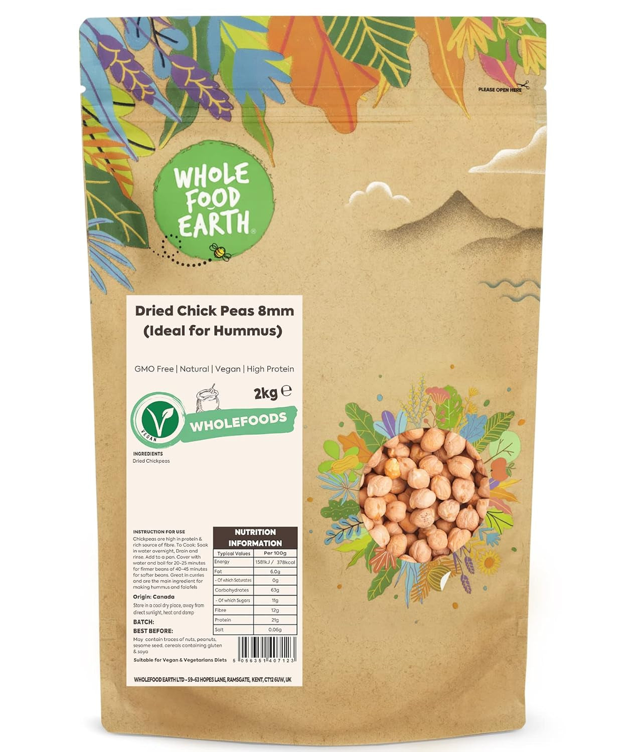 Ciecierzyca pełnoziarnista ziemna 8mm (idealna do hummusu), bez GMO, naturalna, wegańska, bez nabiału, bez dodatku cukru, 2kg