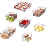 Pudełka do przechowywania iDesign, organizer do lodówki z pokrywkami w zestawie 5 sztuk, plastikowe pudełka do przechowywania żywności z recyklingu do organizowania materiałów eksploatacyjnych, przezroczyste i białe pudełka do przechowywania żywności Naty Shop przezroczyste, szare, zestaw 7 sztuk