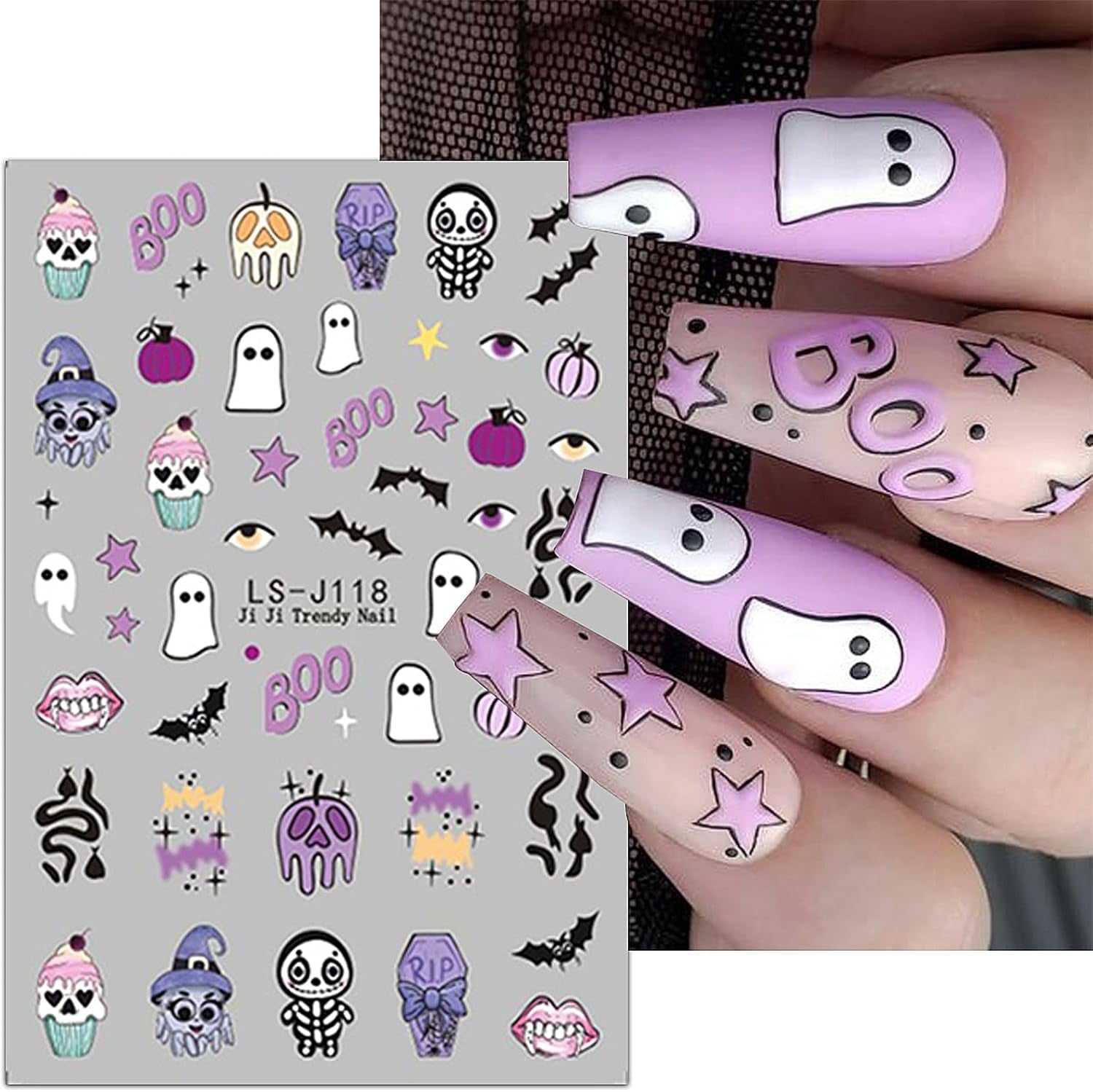 JMEOWIO Nagelsticker Halloween Süßer Geisterkürbis 9 Blatt Nail Art Naklejka Selbstklebend Nagelaufkleber Dekoration Nageldesign Zubehör