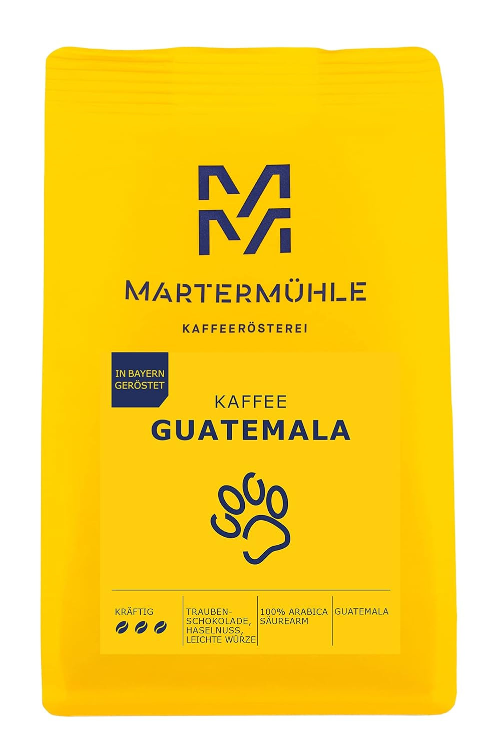 Kawa ziarnista Martermühle Gwatemala 1kg mocna | arabski | Smaki: Orzechy laskowe, Lekkie przyprawy, Czekolada z winogronami | Jasno palone całe ziarna kawy, Niska kwasowość